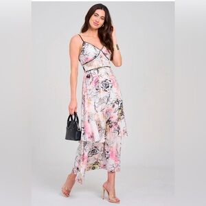 Pink Floral V‑Neck Maxi Dress with Spaghetti Straps